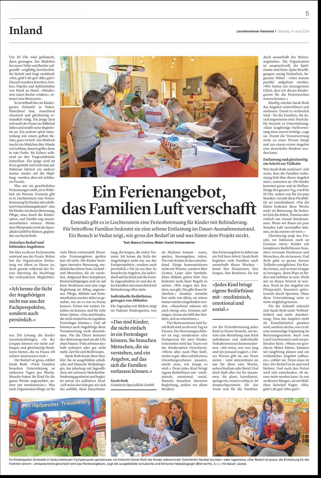 Zeitungsartikel im Liechtensteiner Vaterland über die Ferienbetreuung von specialKIDS